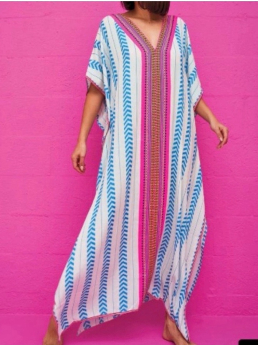 Pitusa Thobe Maxi Kaftan Cover Up One Size Pink Blue Inca 100% Viscose